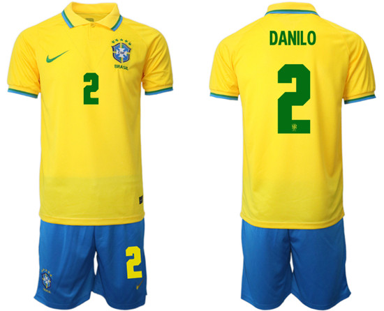 Men's Brazil #2 Danilo Yellow Home Soccer Jersey Suit